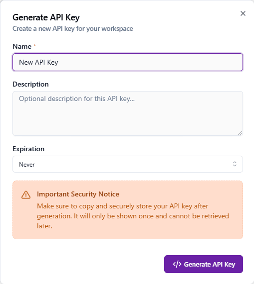 Create new API Key Form